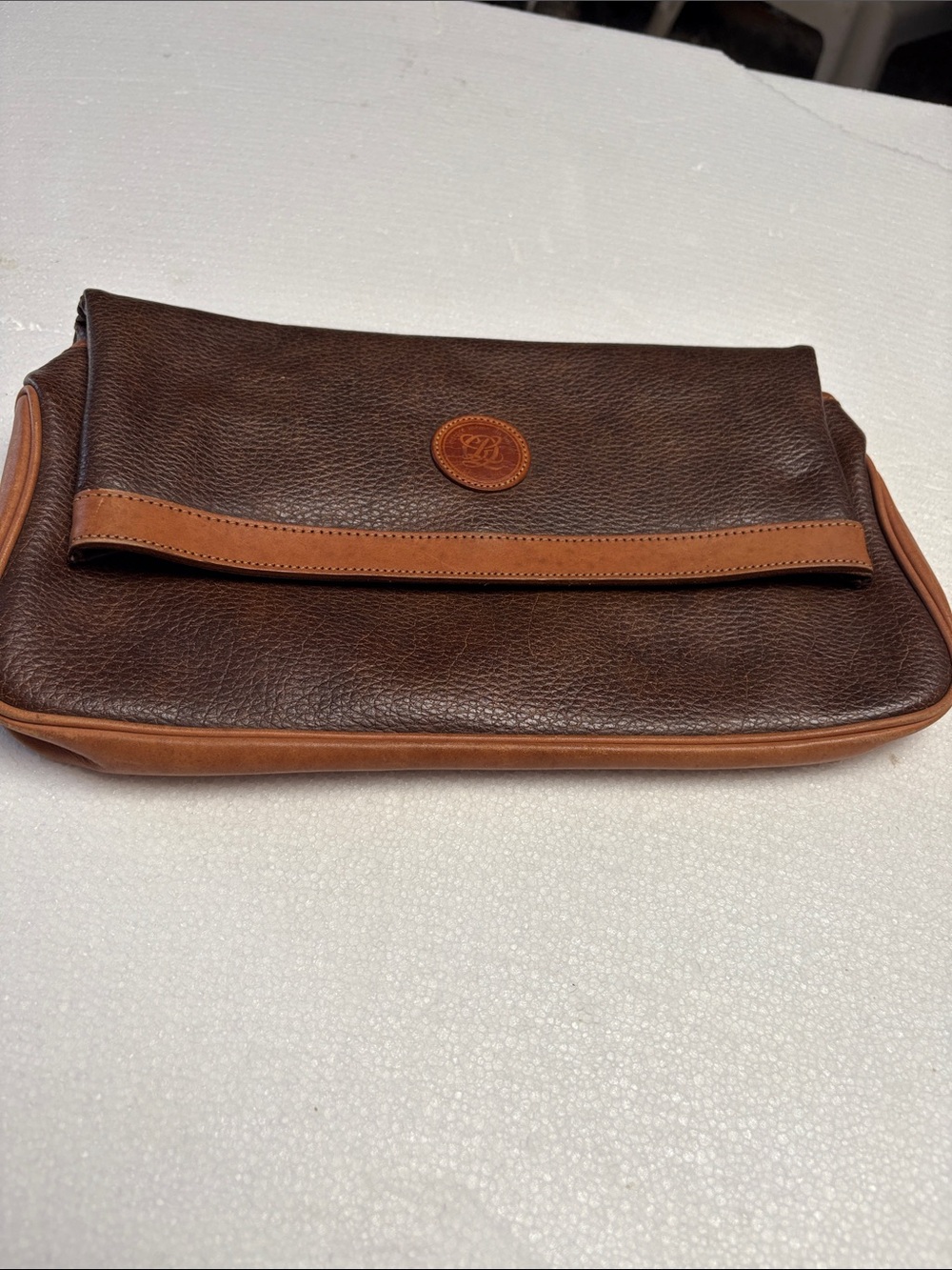 Vintage Louis Quatorze Leather Men's Clutch Bag in Dark Brown with Tan Trim